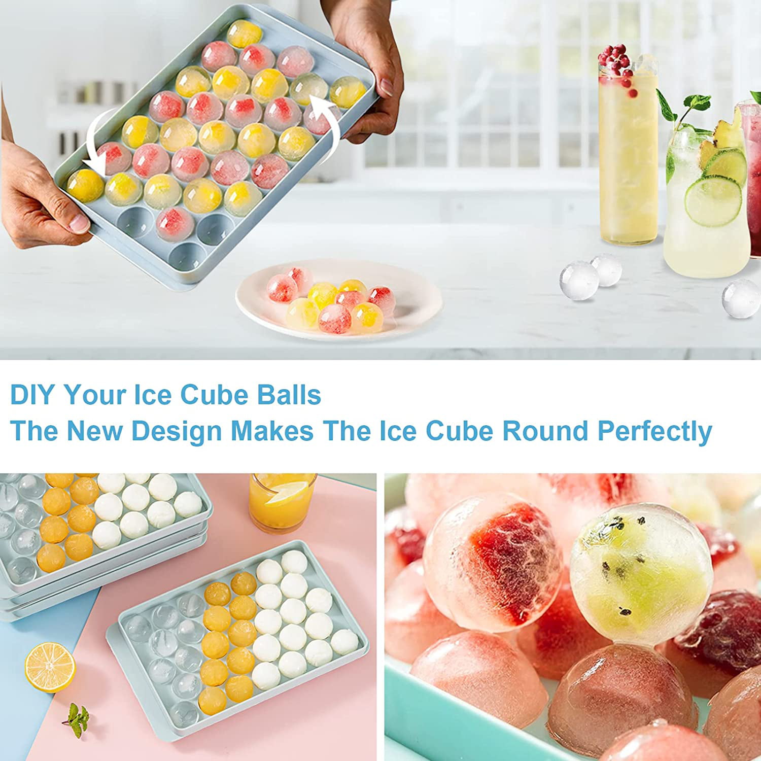Ice Cube Tray Balls,Round Ice Ball Maker Mold for Freezer,Sphere Ice Cube  Tray Making 1.2in X 66PCS Circle Ice Chilling Cocktail Whiskey Tea Coffee  (2 Trays, NO Bucket included) 