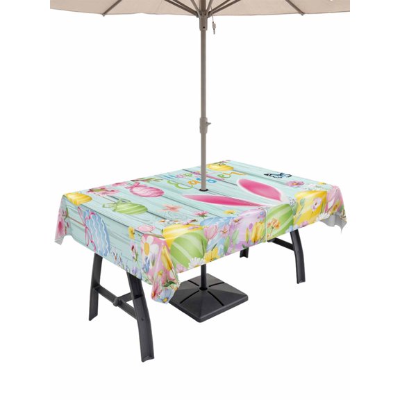 Outdoor Tablecloth with Umbrella Hole and Zipper, Happy Easter Rectangle Table Cloth 60x84 Inch Waterproof Tablecloth, Spring Bunny Eggs Flower Teal Wood Grain Picnic Table Cover for Patio Camping
