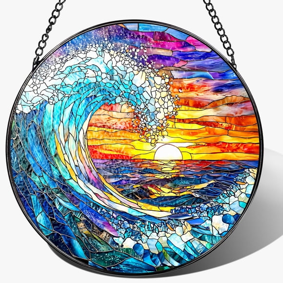 Vidriera colgante Pauyadu, 20 cm, diseño de olas marinas