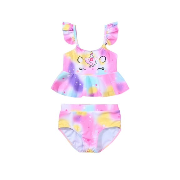 Hirigin Kids Girls Two Piece Swimsuit Fly Sleeve Ruffle Rainbow 2T 3T 4T 5T 6T 7T Bathing Suit Tankini Set