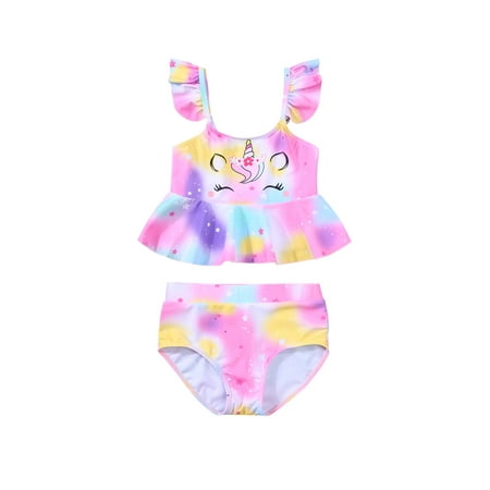 

GuliriFei Kids Girls 2Pcs Swimsuit Tie dye Stars Unicorn Pattern Ruffle Hem Tank Tops Shorts Set Bathing Suit