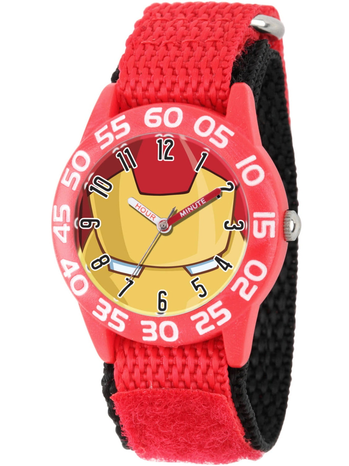 Avengers: Tony Stark Boys' Red Plastic Time Teacher Watch, Red Hook and Loop Nylon Strap with Black Backing