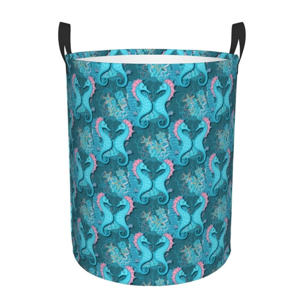 Balery Seahorse Cesta de ropa redonda con asas, impermeable, independiente, para ropa, juguetes, dormitorio y familia-Small