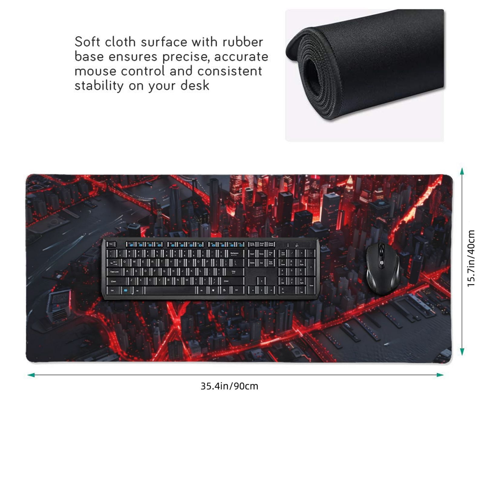 Hirioo Cyberpunk Cityscape Lights for Mouse Pad ,Anti-Slip Base, Durable Stitched Edges, Perfect for Gaming, Office, and Home Use,16x35.5in