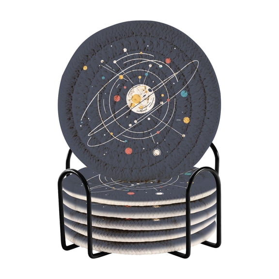 Yayeee 6 PCS Drink Coasters with Holder Set Woven Absorbent Round Tabletop Hot Pad, White Planet