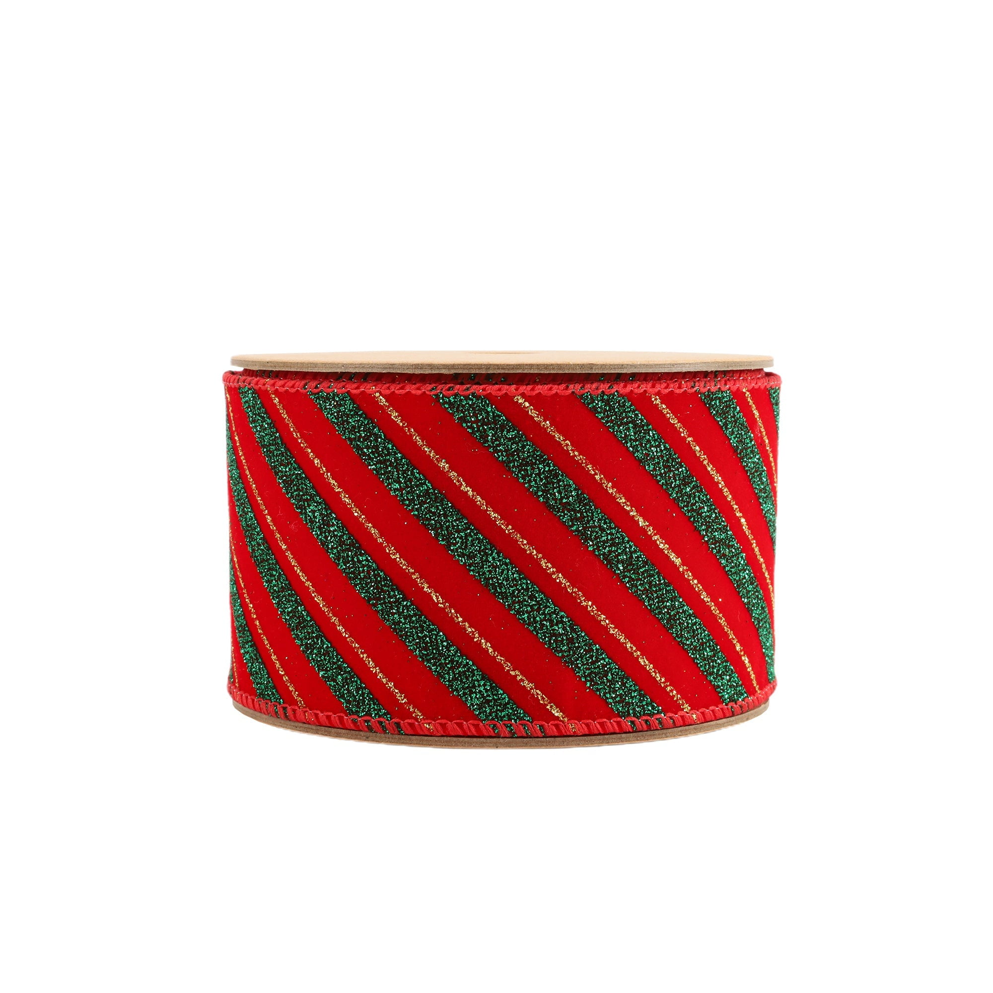 LaRibbons 2 1/2" Wired Ribbon, Green Stripe on Red, 10 Yard Roll