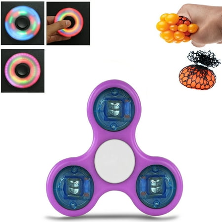 Light Up LED Fidget Spinner High Speed Bearing Plus Squishy Mesh Ball Purple Blue