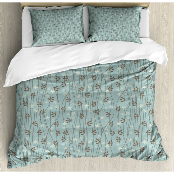 Vintage Duvet Cover Set Queen Size, Floral Rustic Composition with Blossoming Branches Wildflowers Garden, Decorative 3 Piece Bedding Set with 2 Pillow Shams, Pale Blue Cream Umber, by Ambesonne