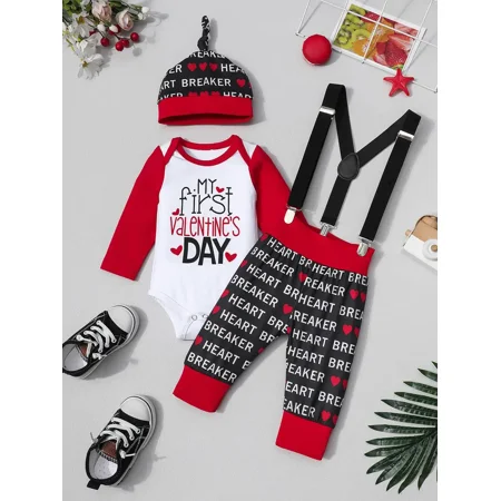 

GEDER-F1 3pcs Boys ”My First Valentine‘s Day” Print Long Sleeve Onesie & Suspender Pants & Hat Set Clothes