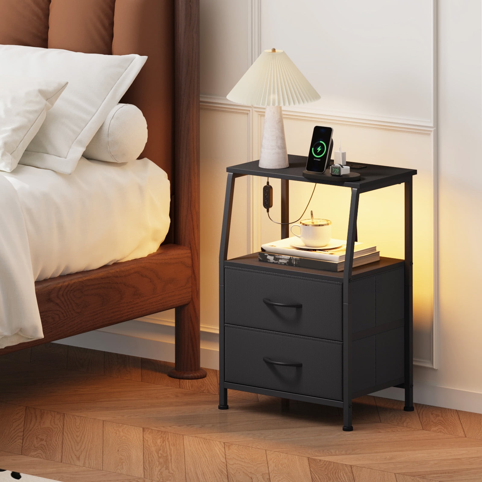 Eunos Small Nightstand with Charging Station for Bedroom, 2 Black Drawer Dresser with Storage Shelfs