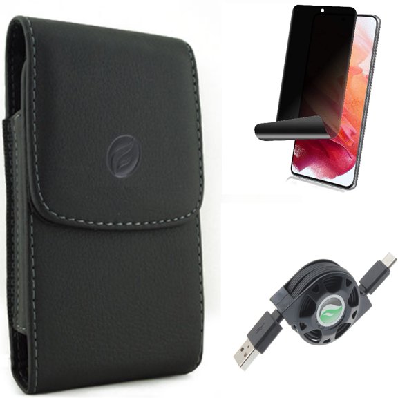 Case Belt Clip w USB Cable w Privacy Screen Protector for Samsung Galaxy S21 Plus - Leather Holster, Retractable Type-C, TPU Film Fingerprint Works Accessory Bundle