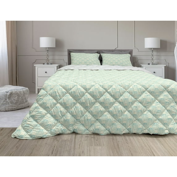 Summer Comforter & Sham Bedding Set, Marine Seashell Mollusk Oyster Underwater Etching Cottage, 3 pcs Duvet Set Microfiber Filling Quilt, 5 Sizes, Turquoise and Ivory, by Ambesonne