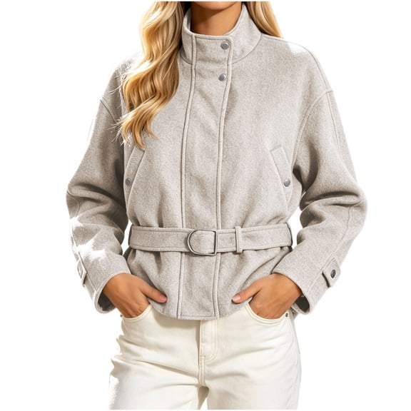 Iyufng Womens Stand Collar Tweed Jackets Long Sleeve Casual Short Coat with Belted Waist