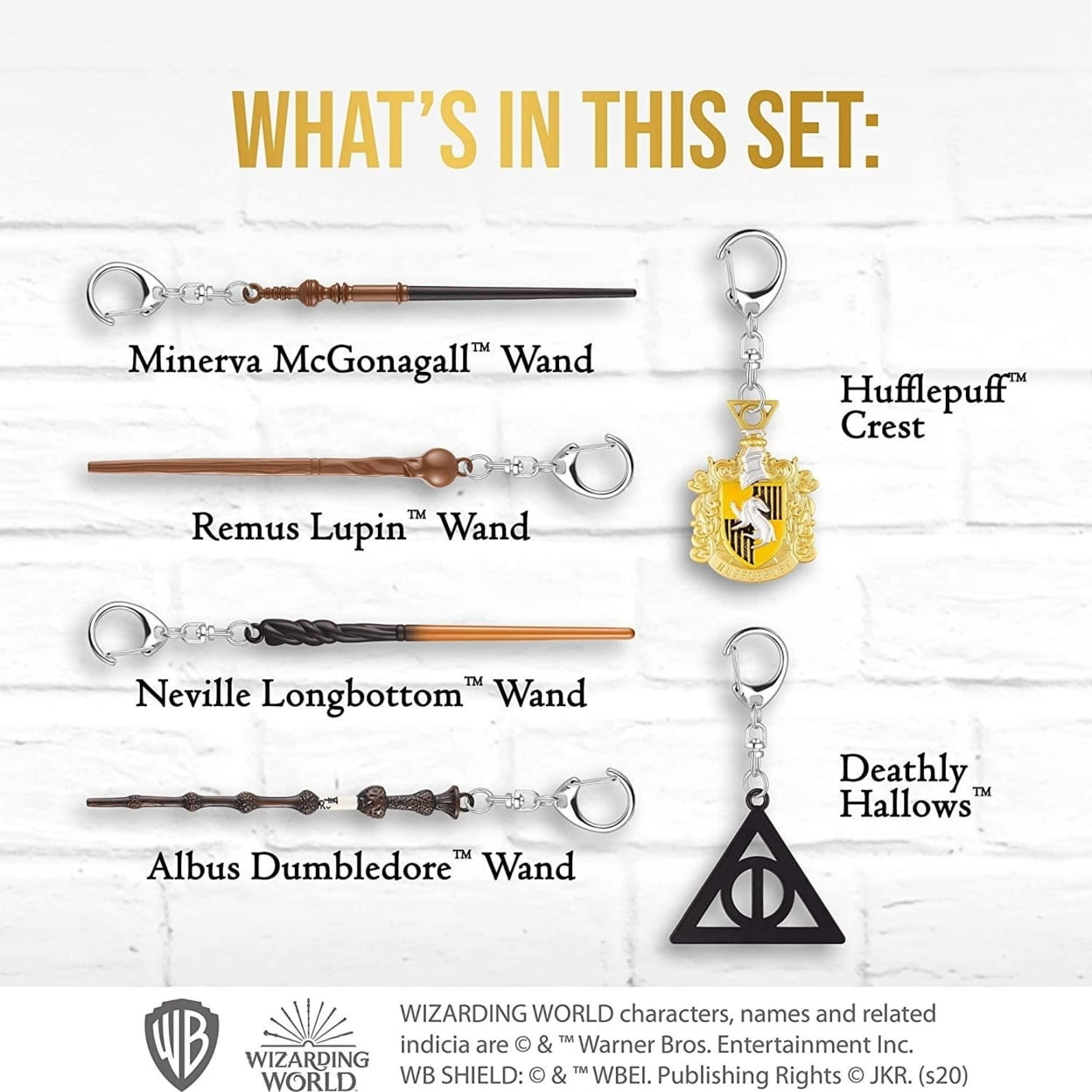 Harry Potter Wand Keychain 6pk Hufflepuff Crest Deathly Hallows Remus Neville Set PMI International