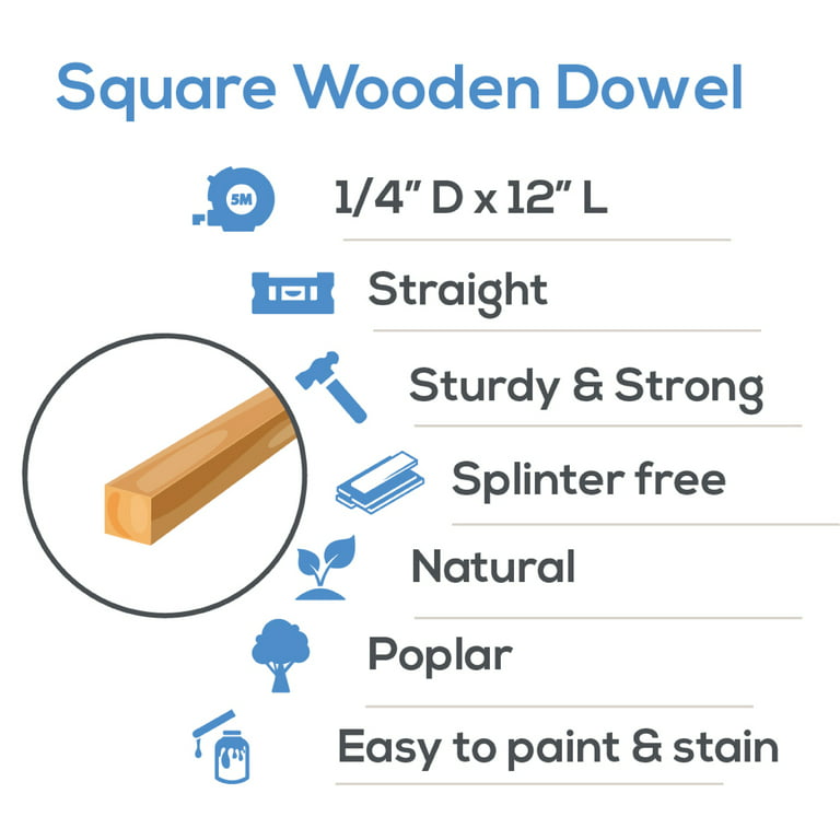 Wood Square Dowel Rods 1/4-inch x 12 Pack of 100 Wooden Craft