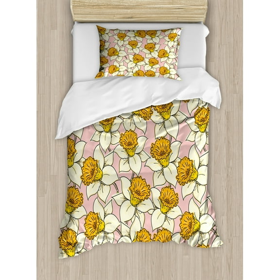 Yellow Flower Duvet Cover Set Twin Size, Playful Spring with Narcissus Daffodils Flourish Graphic Garden, Decorative 2 Piece Bedding Set with 1 Pillow Sham, Yellow Cream Pale Pink, by Ambesonne