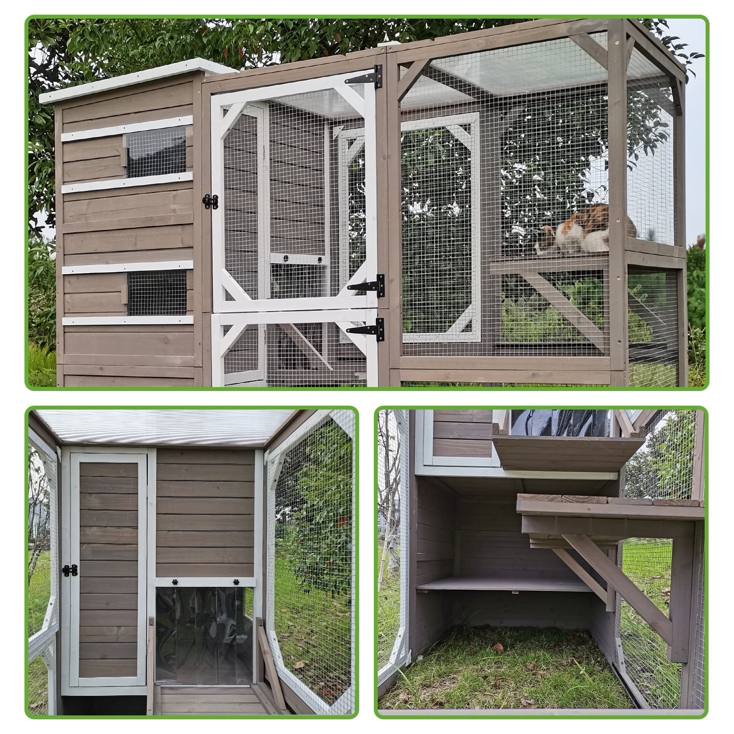 PETSCOSSET Catio Outdoor Cat Enclosures Wooden Cat House Weatherproof with Multi Platforms, Gray