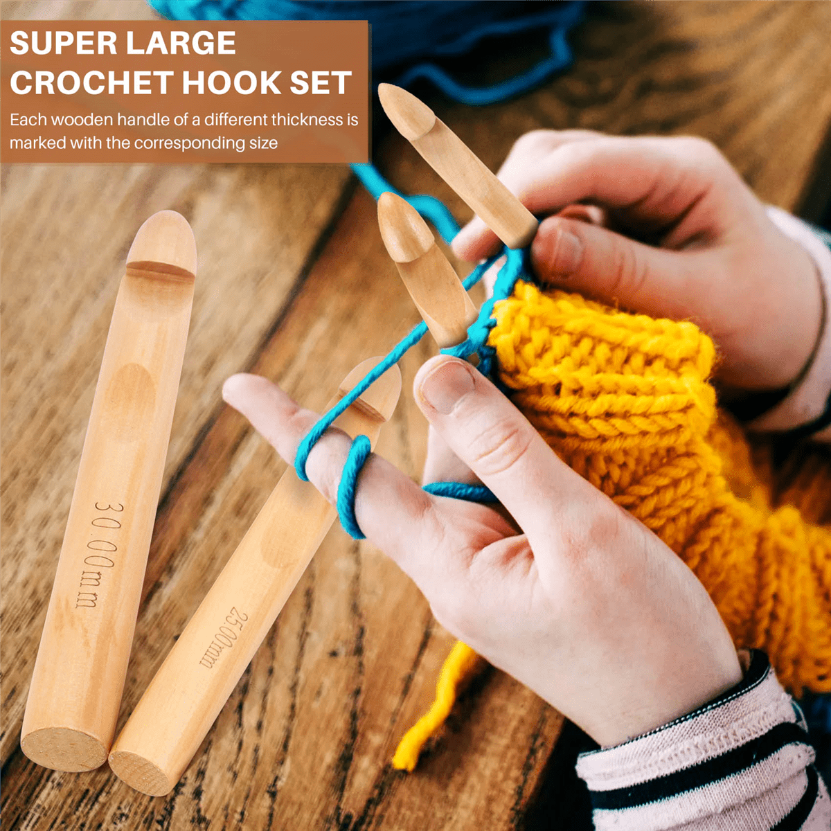 Crochet Hooks 15mm 20mm 25mm 30mm Wooden Crochet Set for Chunky Yarn,  Crocheting Huge Crochet Hooks 