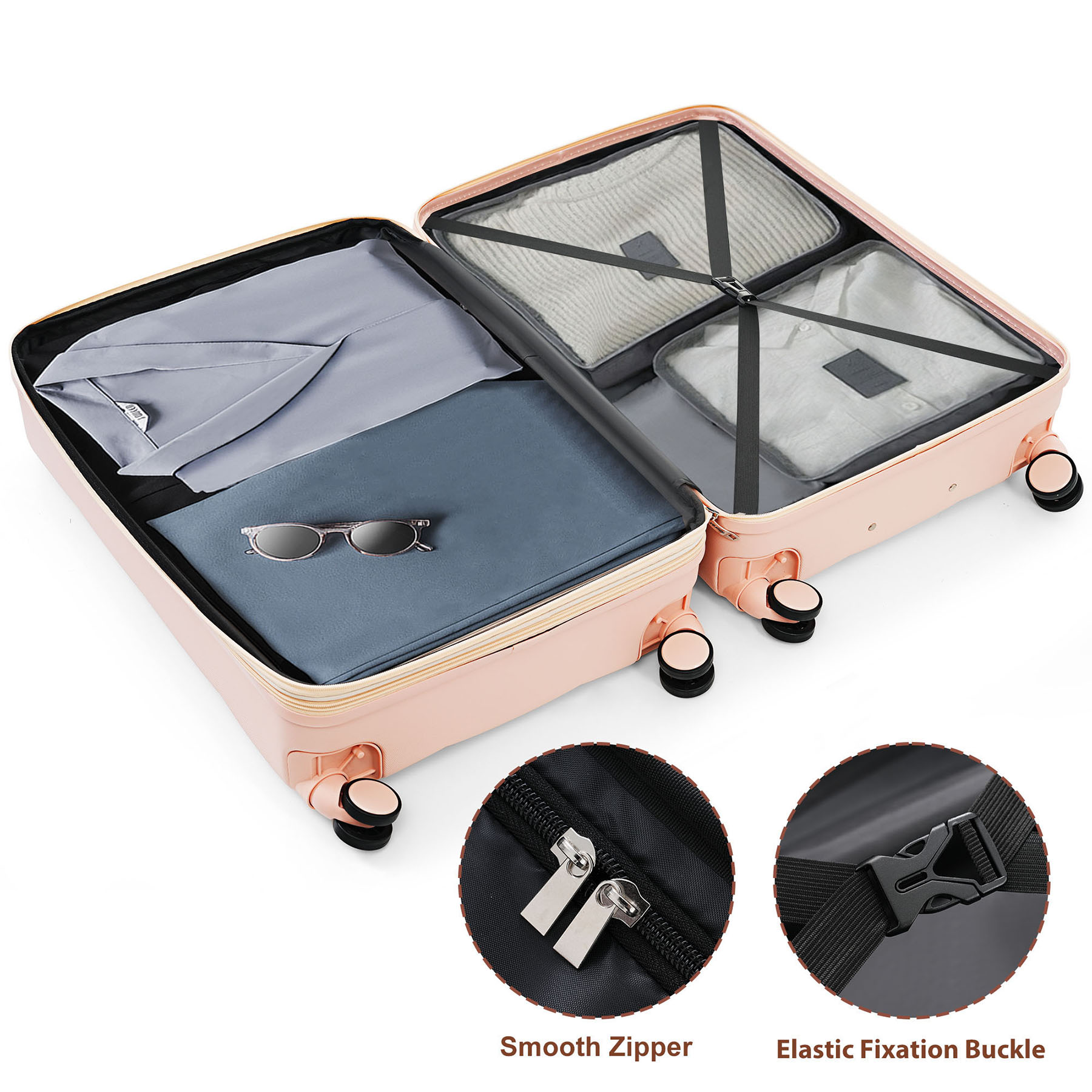 CQSXDA ABS Travel Luggage Set of 3 Airline Certified Carry-on Luggage with Cup Holder Durable ABS Hard Shell Luggage with Smooth Spinner Wheels  Pink