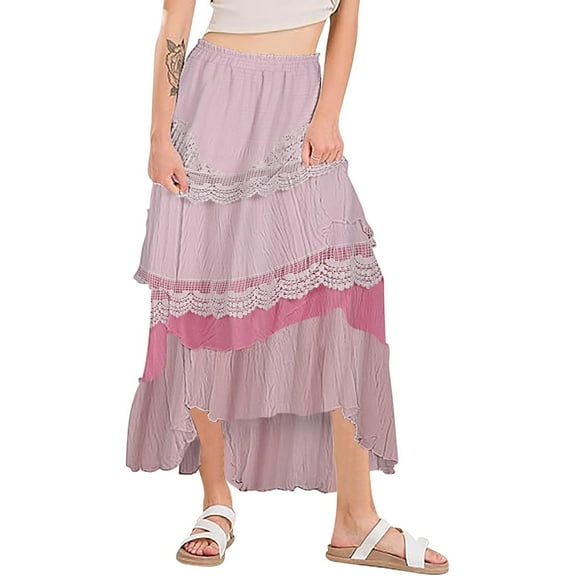Njagoc3 Womens High-Waisted Pink-Purple Tiered Colorful Midi Skirt with Ruffled Layers for Beach Vacations & Casual Outings