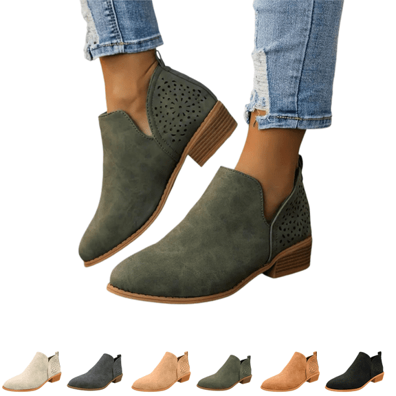 EKVAHL Women's Cutout Ankle Booties, Slip On Faux Suede Low Block Heel Chelsea Boots, Round Toe Hollow Out Short Boots Non SlipCasual Walking Shoes