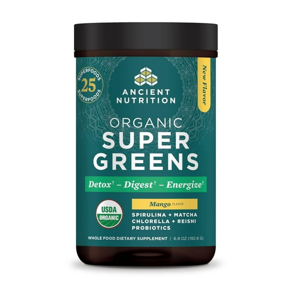 Ancient Nutrition SuperGreens Powder with Probiotics, Organic Mango Flavor Greens, Made from Real Fruits, Vegetables and Herbs, Digestive and Energy Support, 25 Servings, 6.8oz