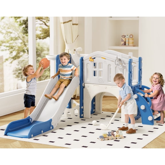 XJD 10 in 1 Toddler Slide PlaySet for kids indoor/outdoor for Toddlers Age 1-3, Blue & Gray