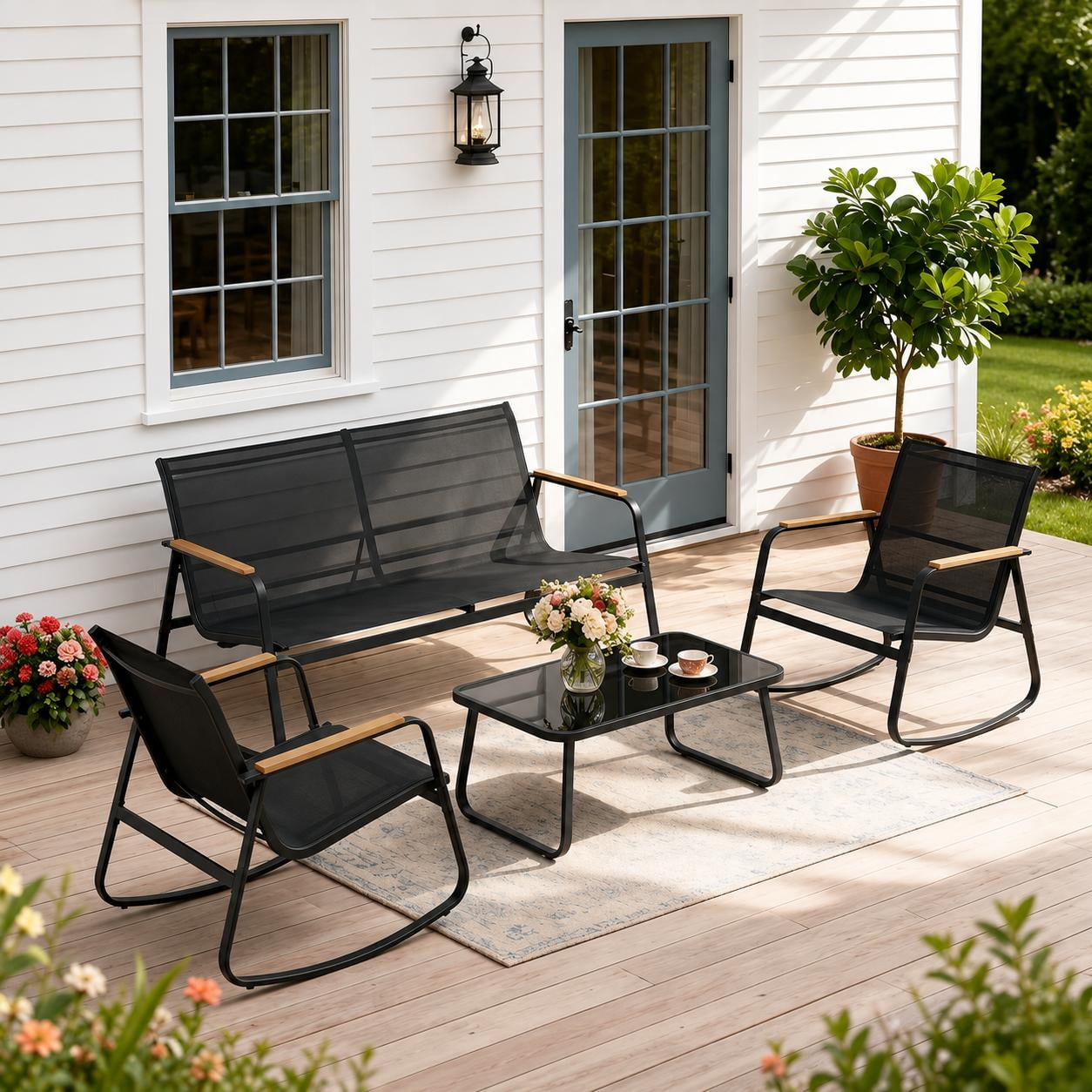 Noelse Patio Furniture Set, 4 Piece Textilene Conversation Set with 2 Rocking Chairs and Coffee Table, Perfect for Lawn, Garden, Poolside, Black