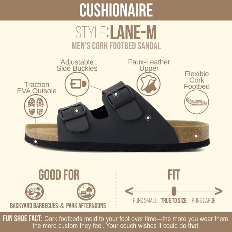 Men\'s All Black Lane Cork Footbed Sandals Adjustable Buckle Comfort Slides CUSHIONAIRE, Men main image 2