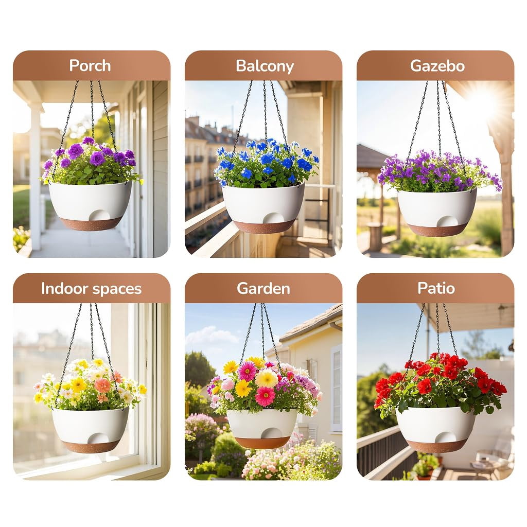 Hanging Planter, 12 Inch Self-Watering Hanging Planters for Indoor Outdoor Plants, Hanging Basket for Plants Flowers Outdoor (White)