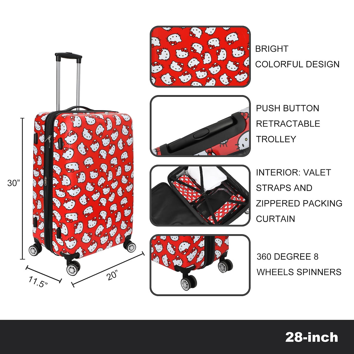 Hello Kitty All-Over Print 28" Suitcase With 360-Degree Wheels And Retractable Handle