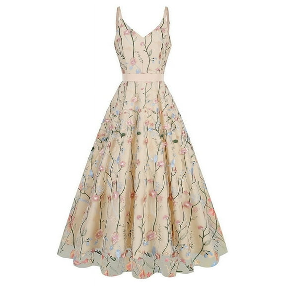 Women Sleeveless Cocktail Dresses 2023 Floral Embroidery Dress Sheer Mesh Party Evening Gown Vintage Swing Dress Wedding Guest Prom Tulle A-Line Dress