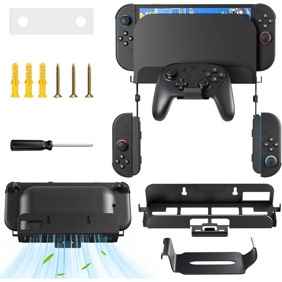 Wall Mount for Switch 2, Metal Wall Mount Kit Shelf Accessories with Controller Wall Mount, Safely Store Switch 2 Console Near or Behind TV, Save Space and Dissipate Heat - Black