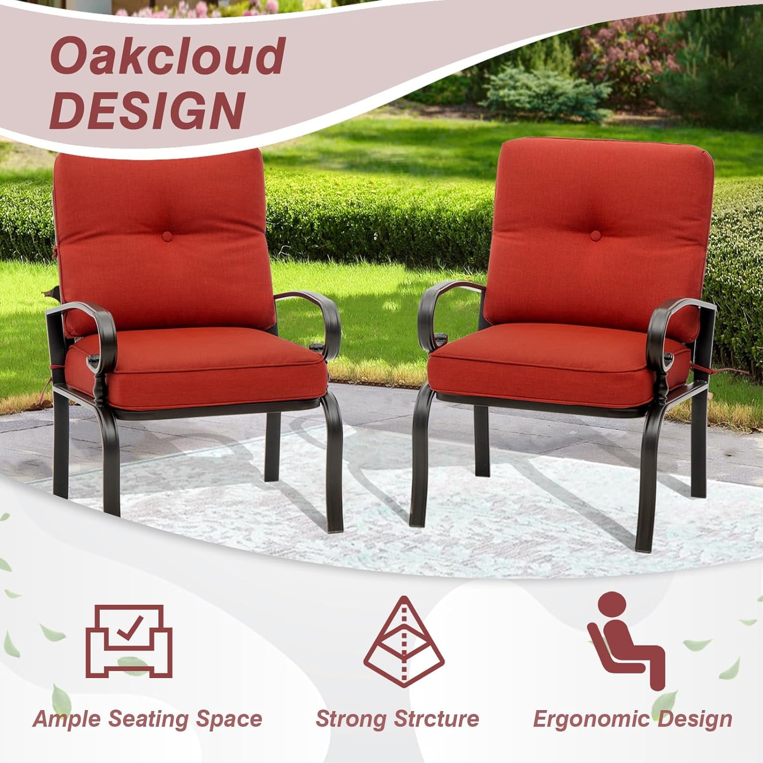 SOLAURA Patio Outdoor Metal Dining Chairs Set of 2 with Red Cushions