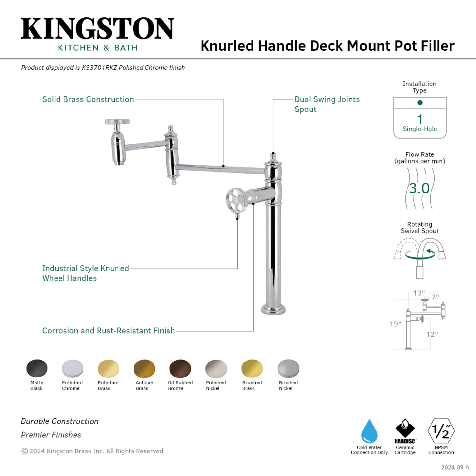 Kingston Brass KS3707RKZ Wendell Deck Mount Pot Filler Faucet with Knurled Handle, Brushed Brass