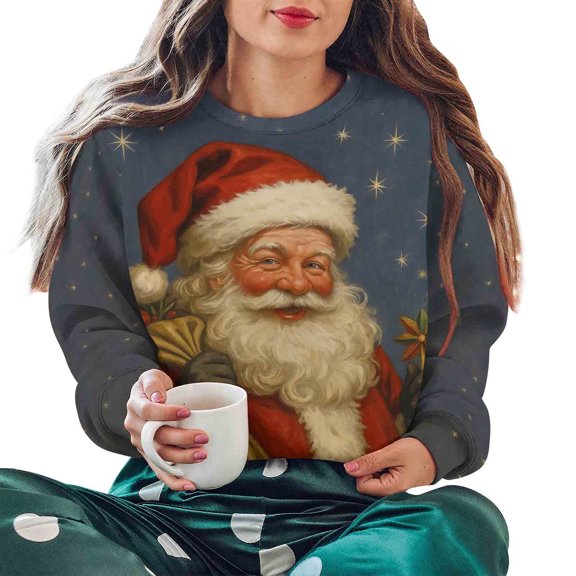 Women’s Retro Christmas Cartoon Print Round Neck Hoodie Casual Fall Winter Sweatshirt Fun Holiday Light Graphic Pullover Comfortable Xmas Novelty Gift Top