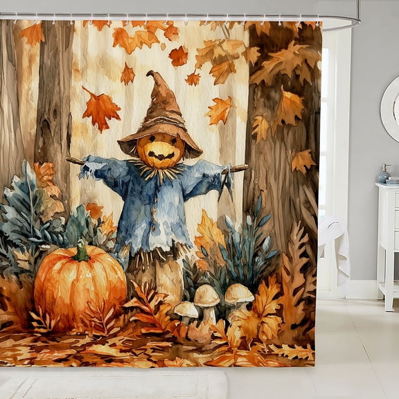 Manfei Classic Halloween Pumpkin Lantern Shower Curtain 72Wx72L,Hello Fall Foliage Print Bathroom Curtain