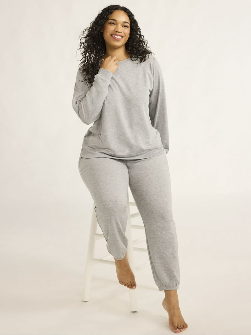 Joyspun Women's Plus French Terry Sweatshirt and Joggers Set, Soft