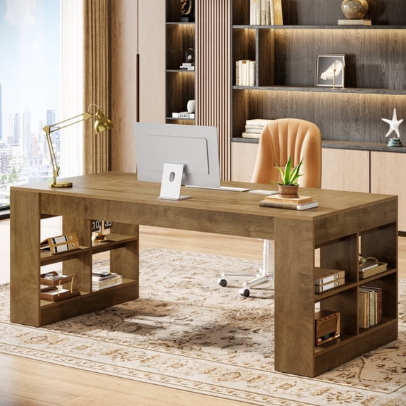 Finmind Computer Desk, Large70.87 Inch Rectangle Desk with Storage Shelves, Modern Simple Writing Table for Home Office, Rustic Brown