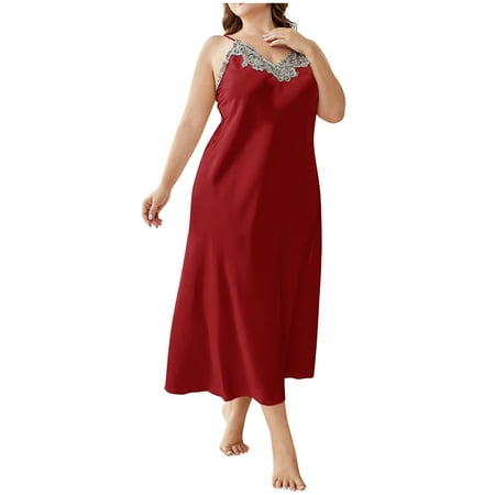 Aofany Womens Plus Size Sleepshirts Babydoll Lace Satin Silk Nightdress Lingerie Chemise Long Gown Sleepwear