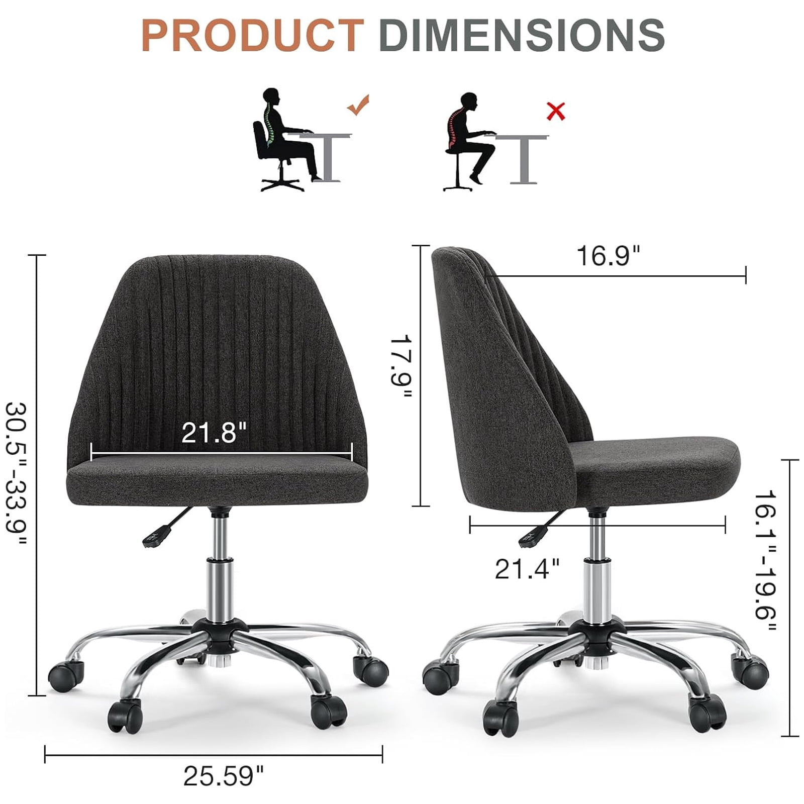 Casabay Armless Office Chair, Extra Cushion Padded Compact Upholstered Desk Chair with Back Support, Rolling Swivel Vanity Chair for Home Office, Dark Gray