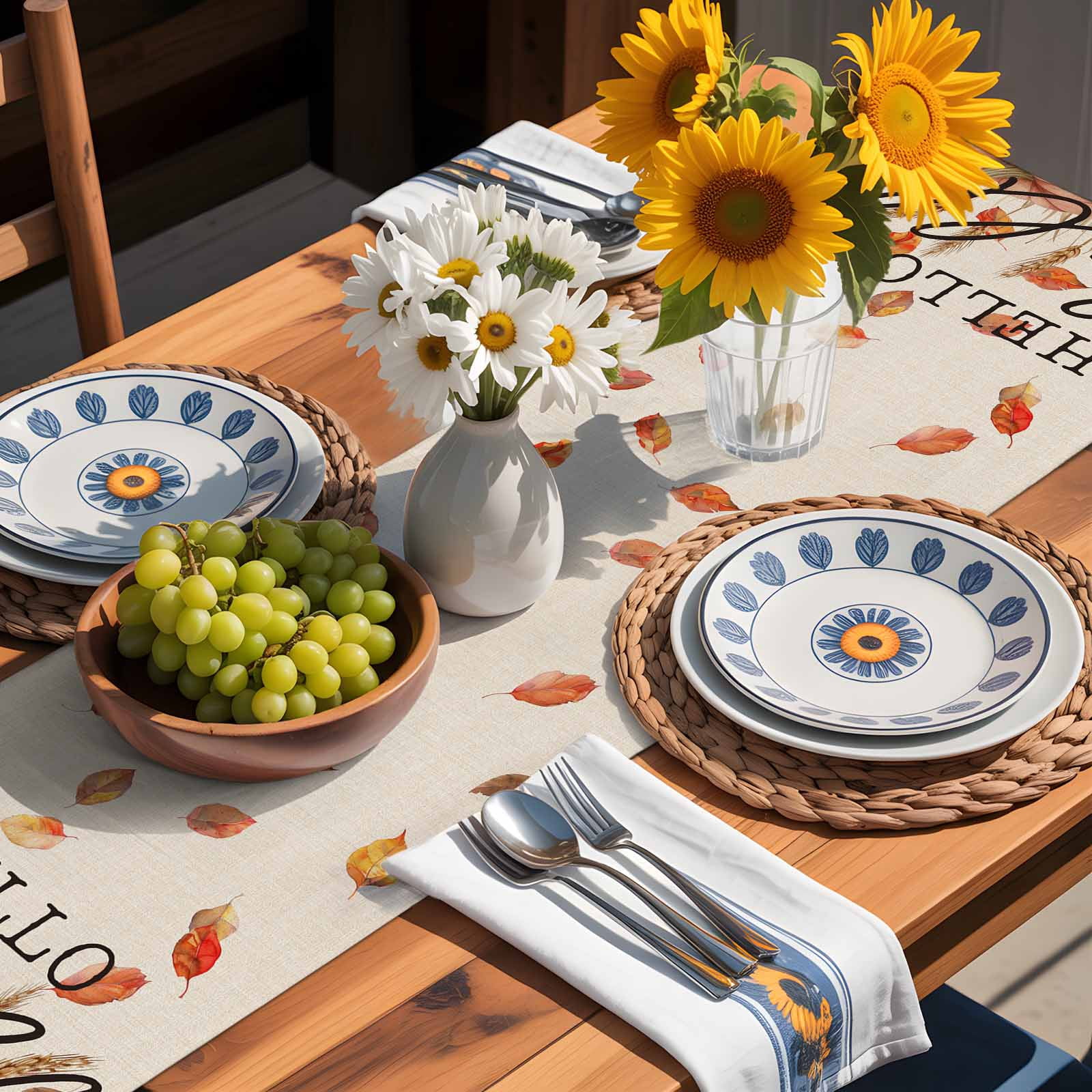 Fall Thanksgiving Hedgehog Pumpkin Table Runner 90 Inches Long, Sunflower Leaves on Flax Table Runners Tabletop Scarf Kitchen Dining Tables Decoration for Home Party Indoor Outdoor