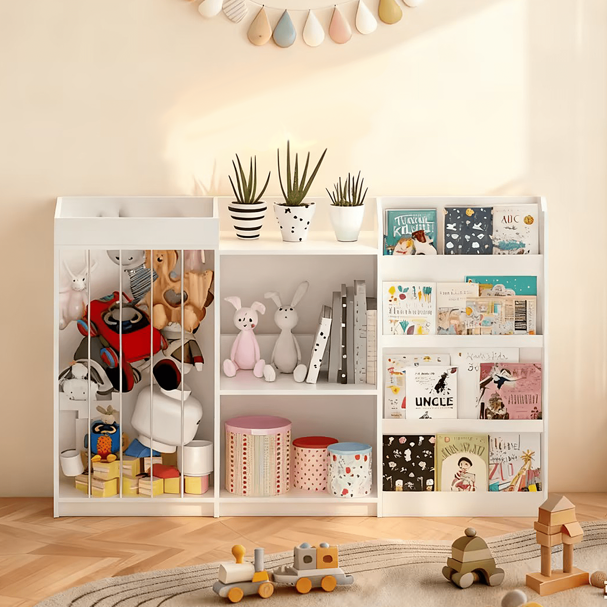 3-Tier Kids Bookshelf, Sling Montessori Bookcase with Stuffed Animal Storage, Particleboard & MDF Toddler Organizer with Anti-Tip Strap for Nursery Playroom Kindergarten