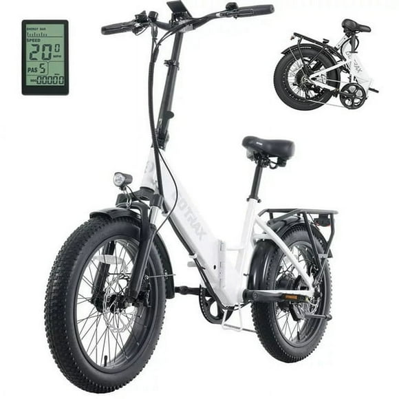 F2 Electric Bike for Adults, 500W/48V/32kph/20" x 3" Fat Tire Folding E-Bike with LCD Display and Adjustable Seat for Commute, Travel, White