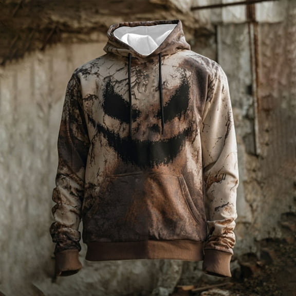 SYMOID Big & Tall Men's Halloween Spooky Hoodie: 100% Polyester Relaxed Fit Distressed Face Print Pullover - Khaki, Size 5XL