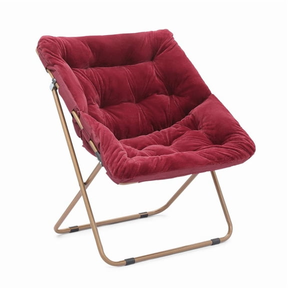 BEZT Cozy Chair Square Folding Faux Fur Saucer Chair for Bedroom Dorm Courtyard Foldable Metal Frame Oversized Large Comfy Furry Padded Soft Lounge Lazy Cozy Moon Chair for Adults (Burgundy)