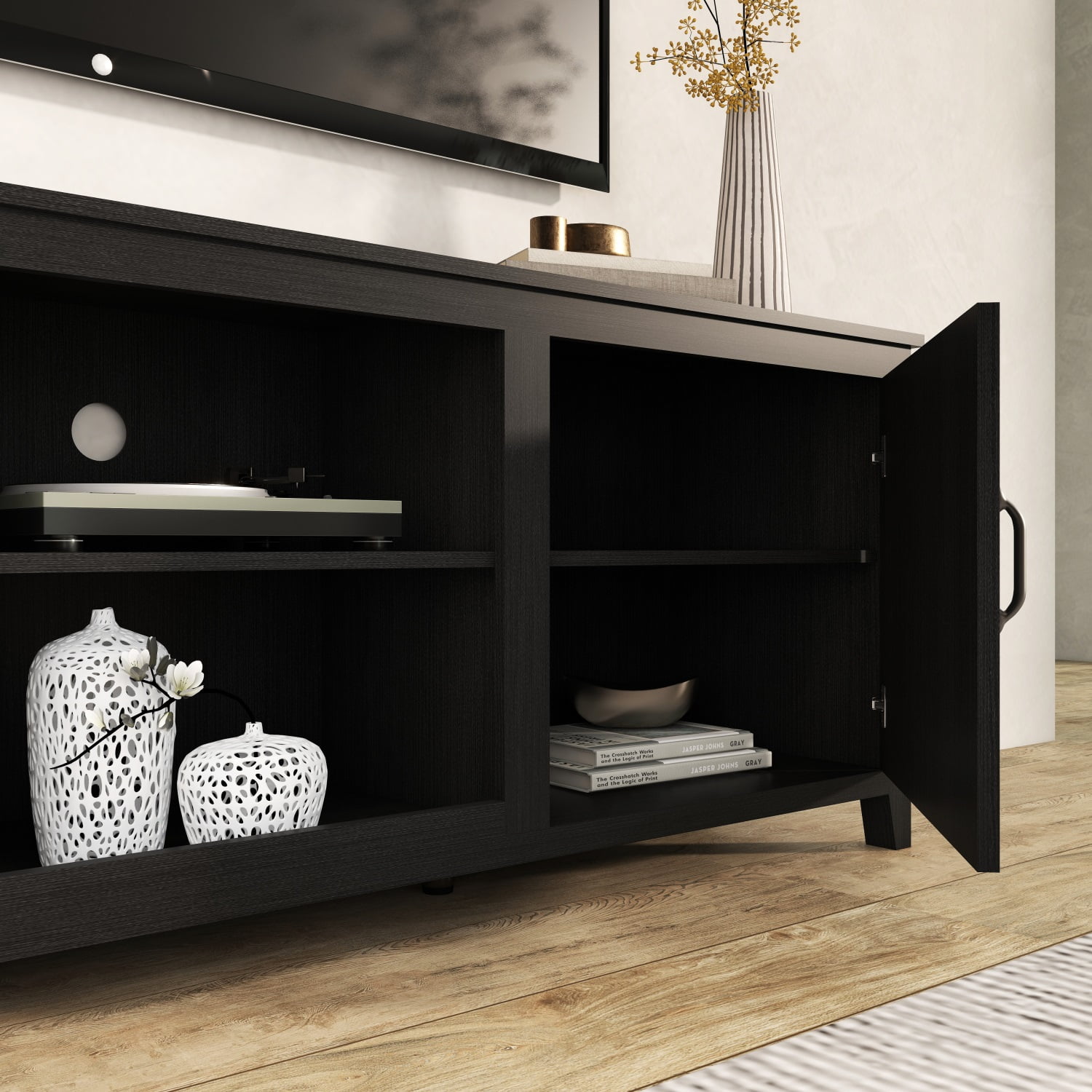 Kadyn TV Stand, Particle Board TV Stand Console with Doors, Modern TV Cabinet for TVs Up to 60" Television Cabinet, Black