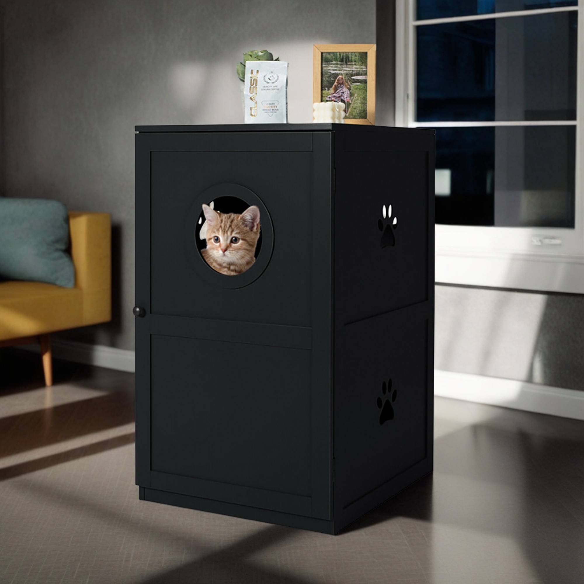 resenkos 36" 2-Story Furniture Style Cat Litter Box Enclosure, Hidden Cat Litter Box Furniture, Wood Cat House Washroom, Black