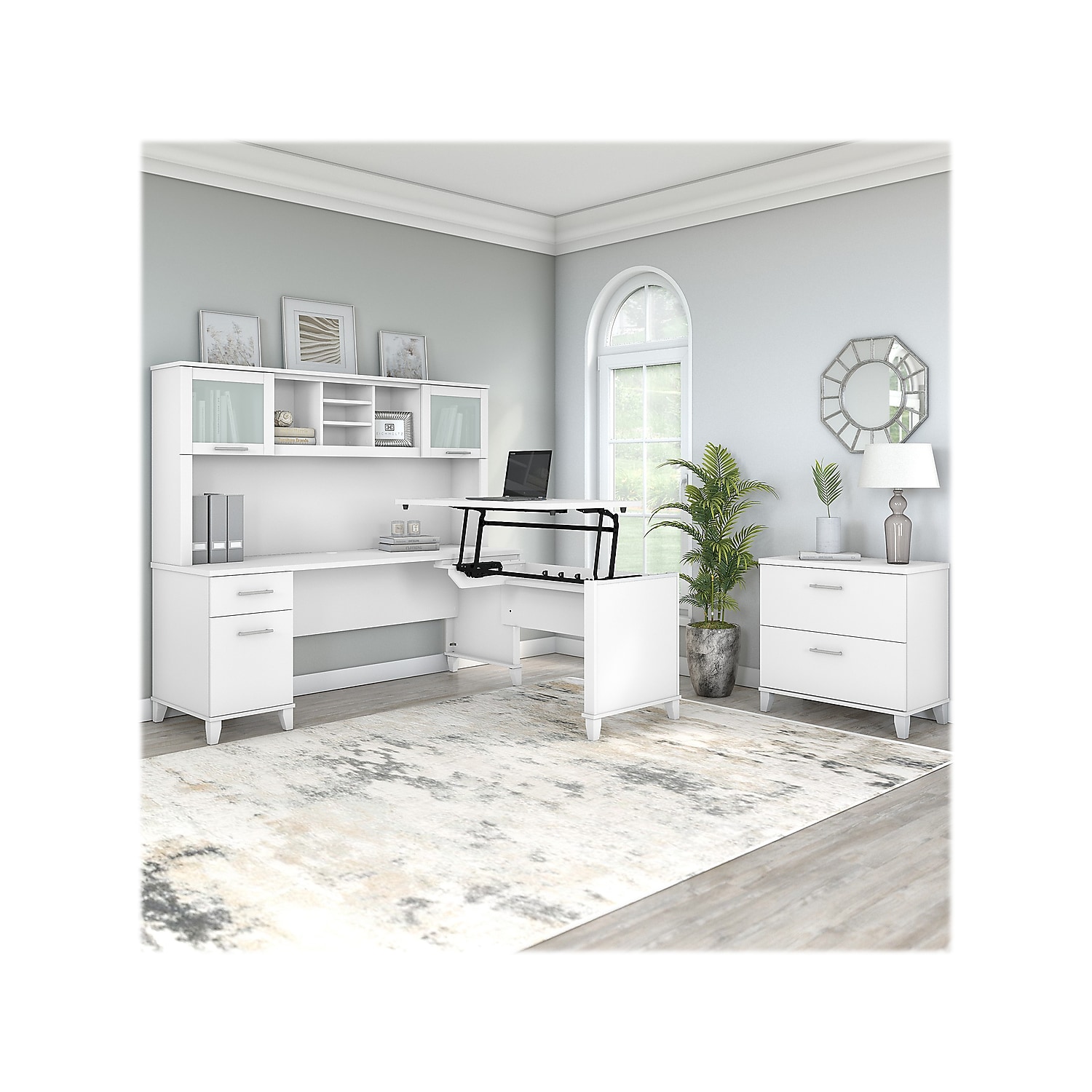 Somerset Sit-Stand L Desk with Hutch and File Cabinet in White - Engineered Wood - image 2 of 8