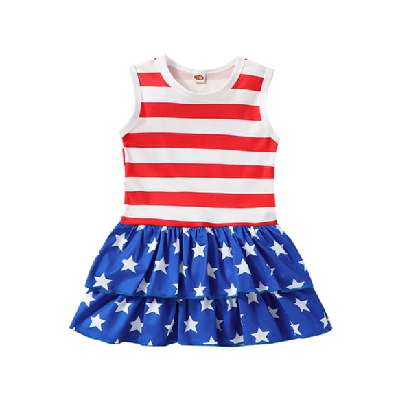 Kids Baby Girls Dresses Sleeveless Round Neck Star Striped Independence Day Layered Ruffled Casual Party Street Princess Dress